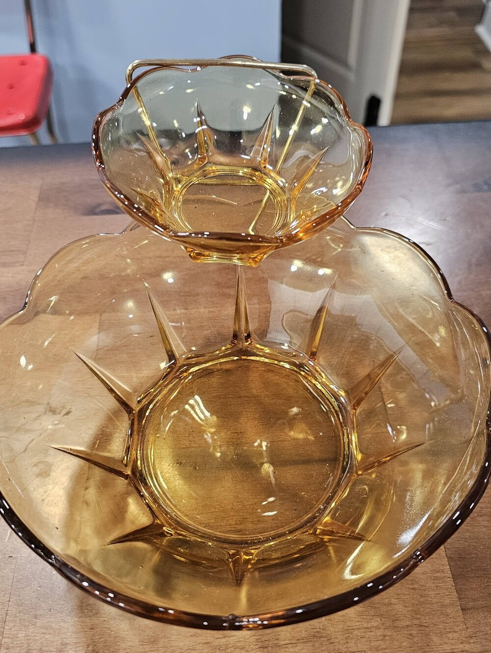 Vintage Anchor Hocking Swedish Honey Gold Amber Glass Chip and Dip Set 3 Pc Nib